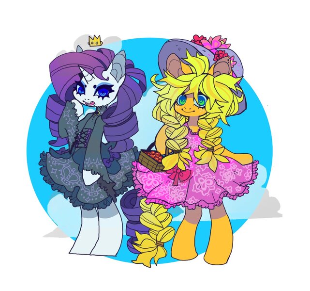 Size: 1170x1096 | Tagged: safe, artist:cutesykill, derpibooru import, applejack, rarity, earth pony, pony, semi-anthro, unicorn, alternate hairstyle, apple, apple basket, basket, beanbrows, bipedal, braid, braided pigtails, braided ponytail, braided tail, brooch, circle background, closed mouth, clothes, colored eyebrows, corset, crown, doll, dress, duo, duo female, ear piercing, earring, eyebrows, eyeshadow, female, food, freckles, frilly dress, goth, hat, image, jewelry, jpeg, lesbian, looking at you, makeup, noblewoman's laugh, open mouth, open smile, piercing, pigtails, pink dress, ponytail, raised hoof, rarijack, regalia, shipping, sky background, smiling, standing, sun hat, sundress, tail, toy, wingding eyes