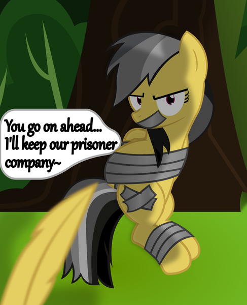 Size: 1300x1601 | Tagged: safe, artist:cardshark777, derpibooru import, daring do, pegasus, pony, angry, bondage, bush, covered cutie mark, dialogue, digital art, feather, female, forest, g4, gag, helpless, hooves behind back, image, imminent tickles, jungle, looking at you, mare, missing accessory, nature, png, shading, sitting, tape, tape bondage, tape gag, text, tree, unamused