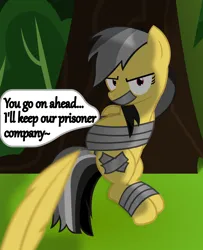 Size: 1300x1601 | Tagged: safe, artist:cardshark777, derpibooru import, daring do, pegasus, pony, angry, bondage, bush, covered cutie mark, dialogue, digital art, feather, female, forest, g4, gag, helpless, hooves behind back, image, imminent tickles, jungle, looking at you, mare, missing accessory, nature, png, shading, sitting, tape, tape bondage, tape gag, text, tree, unamused