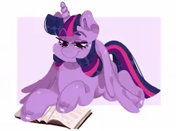 Size: 1170x876 | Tagged: safe, artist:vintagecococola, derpibooru import, twilight sparkle, twilight sparkle (alicorn), alicorn, pony, book, female, image, jpeg, lidded eyes, lying down, mare, passepartout, prone, reading, simple background, smiling, solo, white background