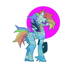 Size: 1047x967 | Tagged: safe, artist:cutesykill, derpibooru import, rainbow dash, pegasus, pony, alternate hairstyle, alternate tailstyle, bags under eyes, bandage, bandaged leg, bandaged neck, bandaged wing, beanbrows, butt fluff, cheek fluff, circle, colored eyelashes, colored pupils, eyebrows, eyelashes, female, fetlock tuft, frown, g4, image, injured, leg fluff, mare, png, purple eyelashes, raised hoof, red eyes, sad, short hair rainbow dash, simple background, solo, standing, tail, white background, wings