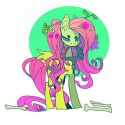 Size: 1021x1021 | Tagged: safe, artist:cutesykill, derpibooru import, fluttershy, pegasus, pony, beanbrows, bear trap, big ears, blood, bone, circle, circle background, colored pupils, ear piercing, earring, eyebrows, eyelashes, female, flower, flower in hair, folded wings, g4, holding, image, jewelry, leaves, leaves in hair, long mane, long tail, looking at you, mare, mouth hold, narrowed eyes, no mouth, piercing, png, solo, standing, stick, tail, twig, twigs in hair, wings