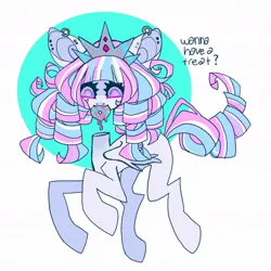 Size: 1021x1021 | Tagged: safe, artist:cutesykill, derpibooru import, oc, oc:princess marshmallow, unofficial characters only, pegasus, pony, big ears, circle background, colored muzzle, colored pupils, crown, curly mane, curly tail, decapitated, detached head, donut, ear piercing, earring, eyelashes, female, folded wings, food, holding, hooves in air, horn, image, jewelry, jpeg, long legs, looking at you, mare, mouth hold, multicolored eyes, multicolored mane, multicolored tail, pegasus oc, piercing, regalia, ringlets, simple background, smiling, solo, tail, text, tiara, white background, wingding eyes, wings