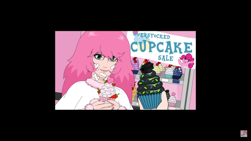 Size: 1366x768 | Tagged: safe, artist:mixermike622, derpibooru import, pinkie pie, oc, oc:fluffle puff, human, pony, fanfic:cupcakes, creepypasta, cupcake, floof n friends ep 3: a new beginning, food, humanized, image, mobile, png, solo