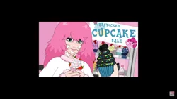 Size: 1366x768 | Tagged: safe, artist:mixermike622, derpibooru import, pinkie pie, oc, oc:fluffle puff, human, pony, fanfic:cupcakes, creepypasta, cupcake, floof n friends ep 3: a new beginning, food, humanized, image, mobile, png, solo