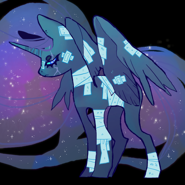 Size: 850x850 | Tagged: safe, artist:cutesykill, derpibooru import, princess luna, alicorn, pony, alternate design, bandage, bandaged leg, bandaged neck, bandaged wing, bandaid, bandaid on nose, beanbrows, black background, blue eyes, blue sclera, closed mouth, colored sclera, cyan sclera, ear piercing, earring, ethereal mane, ethereal tail, eye scar, eyebrows, facial scar, female, frown, g4, horn, image, injured, jewelry, lidded eyes, mare, missing accessory, narrowed eyes, partially open wings, piercing, png, sad, scar, simple background, solo, sparkly mane, sparkly tail, standing, tail, wings