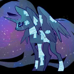 Size: 850x850 | Tagged: safe, artist:cutesykill, derpibooru import, princess luna, alicorn, pony, alternate design, bandage, bandaged leg, bandaged neck, bandaged wing, bandaid, bandaid on nose, beanbrows, black background, blue eyes, blue sclera, closed mouth, colored sclera, cyan sclera, ear piercing, earring, ethereal mane, ethereal tail, eye scar, eyebrows, facial scar, female, frown, g4, horn, image, injured, jewelry, lidded eyes, mare, missing accessory, narrowed eyes, partially open wings, piercing, png, sad, scar, simple background, solo, sparkly mane, sparkly tail, standing, tail, wings