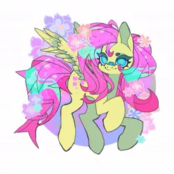 Size: 1021x1021 | Tagged: safe, artist:cutesykill, derpibooru import, fluttershy, pegasus, pony, alternate hairstyle, alternate tailstyle, bandaid, bandaid on nose, beanbrows, big ears, big eyes, body freckles, circle, circle background, colored eyebrows, colored eyelashes, colored pupils, colorful, cutie mark, eyebrows, eyelashes, female, flower, flower in hair, flower in tail, freckles, g4, hooves in air, image, jpeg, looking at you, pink hair, pink tail, simple background, smiling, solo, spread wings, tail, white background, wings, yellow fur