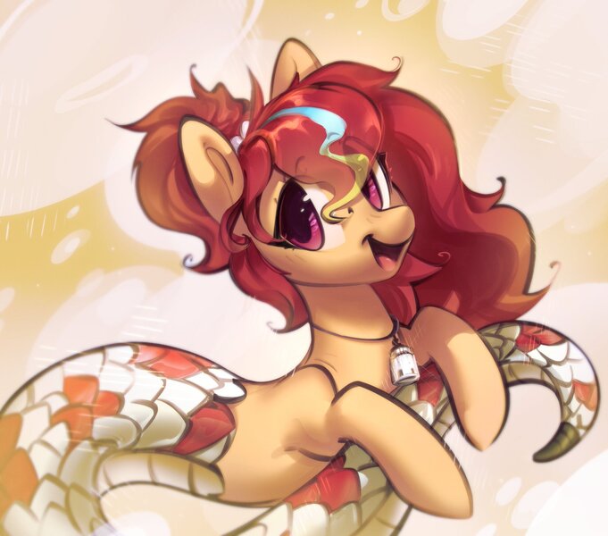 Size: 2048x1805 | Tagged: safe, artist:mirroredsea, derpibooru import, oc, oc:anya heartsqueeze, unofficial characters only, lamia, original species, snake, snake pony, female, hair tie, image, jewelry, jpeg, looking at you, necklace, ponytail, red eyes, simple background, solo