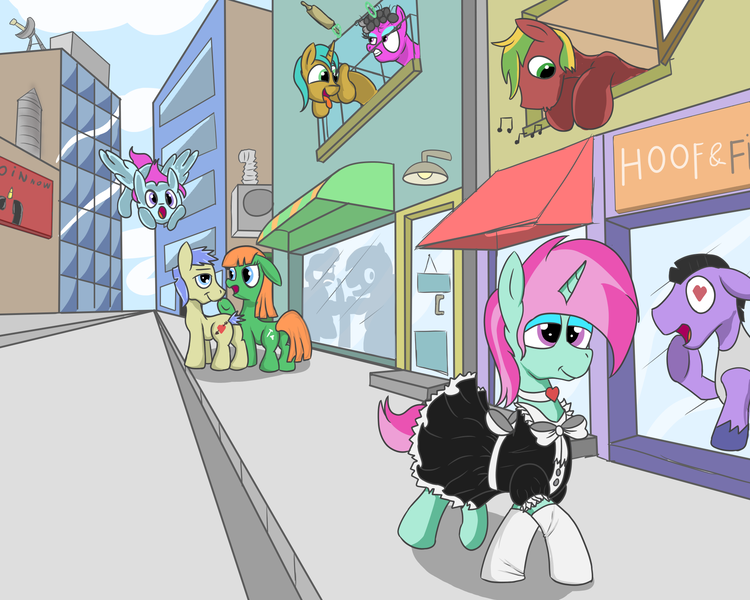 Size: 2000x1600 | Tagged: safe, artist:amateur-draw, derpibooru import, oc, oc:belle boue, unofficial characters only, earth pony, pegasus, pony, unicorn, boyfriend and girlfriend, city, clothes, crossdressing, earth pony oc, evening gloves, female, gloves, heart, heart eyes, horn, image, long gloves, maid, makeup, male, manehattan, mare, meme, pegasus oc, png, stallion, straight, street, tongue out, unicorn oc, whistle, wingding eyes, wings
