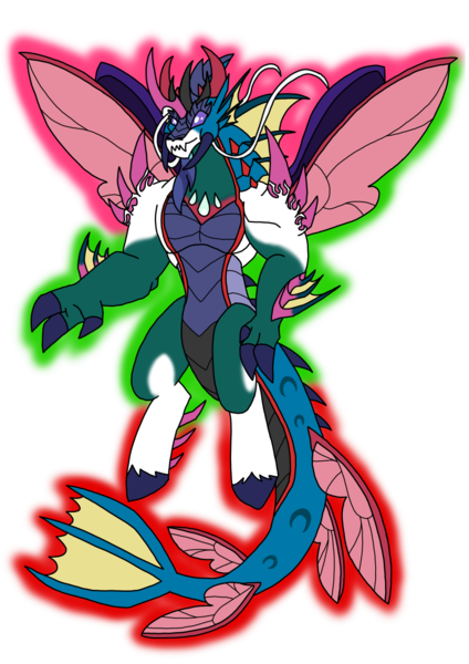 Size: 1000x1414 | Tagged: safe, artist:zetikoopa, derpibooru import, pharynx, shining armor, oc, oc:bass thunder, siren, corrupted, fins, fusion, fusion:bass thunder, fusion:pharynx, fusion:shining armor, image, insect wings, male, png, rainbow of darkness, species swap, tail, tail fin, wings