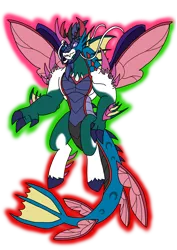 Size: 1000x1414 | Tagged: safe, artist:zetikoopa, derpibooru import, pharynx, shining armor, oc, oc:bass thunder, siren, corrupted, fins, fusion, fusion:bass thunder, fusion:pharynx, fusion:shining armor, image, insect wings, male, png, rainbow of darkness, species swap, tail, tail fin, wings