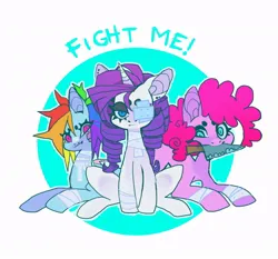 Size: 912x850 | Tagged: safe, artist:cutesykill, derpibooru import, pinkie pie, rainbow dash, rarity, earth pony, pegasus, pony, unicorn, alternate hairstyle, bandage, bandaged leg, bandaged neck, beanbrows, blue text, circle, circle background, colored eyebrows, colored eyelashes, curls, curly mane, ear piercing, earring, eyebrows, eyelashes, female, fluffy hair, frown, g4, horn, image, jewelry, jpeg, knife, lidded eyes, looking at you, lying down, mare, mouth hold, multicolored hair, narrowed eyes, piercing, prone, rainbow hair, ringlets, simple background, sitting, smiling, text, trio, trio female, white background, wingding eyes