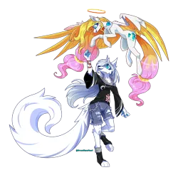 Size: 1920x1836 | Tagged: safe, artist:greenmaneheart, derpibooru import, oc, oc:angel light, pegasus, pony, wolf, clothes, female, furry, image, mare, png, shirt, shorts, simple background, transparent background