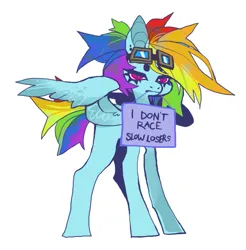 Size: 799x813 | Tagged: safe, artist:cutesykill, derpibooru import, rainbow dash, pegasus, pony, alternate hairstyle, alternate tailstyle, beanbrows, colored eyebrows, colored wings, colored wingtips, ear piercing, eyebrows, eyelashes, female, frown, g4, goggles, goggles on head, holding sign, image, lidded eyes, long legs, mare, messy mane, messy tail, mouth hold, multicolored mane, multicolored tail, narrowed eyes, partially open wings, piercing, png, short hair rainbow dash, short tail, sign, simple background, solo, standing, tail, tallerdash, text, white background, wingding eyes, wings