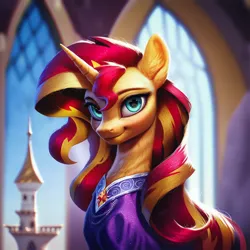 Size: 1024x1024 | Tagged: safe, ai content, derpibooru import, machine learning generated, prompter:maresforever, stable diffusion, sunset shimmer, pony, unicorn, canterlot castle, clothes, female, g4, generator:pony diffusion v6 xl, image, looking at you, mare, png, prompt in description, robe, solo
