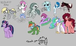 Size: 3000x1800 | Tagged: safe, artist:thebatfang, berry punch, berryshine, derpy hooves, marble pie, princess celestia, rainbow dash, twilight sparkle, oc, oc:red woods, alicorn, earth pony, horse, pegasus, unicorn, british, bush, gun, handgun, height difference, hug, image, nikocado avocado, pistol, png, species swap, weapon