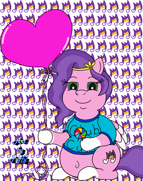 Size: 2630x3340 | Tagged: safe, artist:puffydearlysmith, derpibooru import, pipp petals, pegasus, pony, g5, adipipp, balloon, belly button, candy, clothes, cutie mark background, fat, female, food, headband, heart, heart balloon, image, lollipop, looking at you, mare, png, smiling, smiling at you, sweater