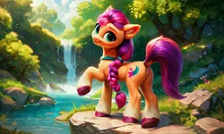 Size: 5120x3072 | Tagged: safe, ai content, derpibooru import, machine learning generated, prompter:kluknawa235, stable diffusion, sunny starscout, earth pony, g5, butt, dock, generator:pony diffusion v6 xl, generator:purplesmart.ai, image, jpeg, looking at you, nature, plot, raised hoof, river, smiling, tail, tree, water, waterfall