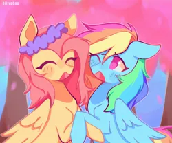 Size: 1794x1492 | Tagged: safe, artist:sillyp0ne, derpibooru import, fluttershy, rainbow dash, pegasus, pony, ^^, blushing, cute, dashabetes, duo, duo female, eyes closed, female, floral head wreath, flower, folded wings, g4, holding hooves, image, jpeg, mare, one eye closed, open mouth, shyabetes, smiling, tree, wings
