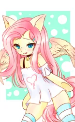 Size: 1440x2320 | Tagged: safe, artist:よい属美 エーデルフェルト, derpibooru import, fluttershy, pegasus, semi-anthro, :3, :q, bell, cat bell, clothes, collar, female, image, png, shirt, shoulderless, socks, solo, striped socks, tongue out