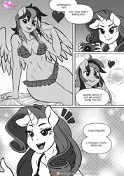 Size: 1200x1697 | Tagged: suggestive, artist:pia-sama, derpibooru import, rainbow dash, rarity, anthro, pegasus, unicorn, comic:lustful diamond, comic:showgirls, abstract background, belly button, bikini, breasts, busty rainbow dash, camera, cleavage, clothes, comic, dialogue, duo, duo female, emanata, female, females only, frilled swimsuit, g4, gloves, grayscale, heart, hips, image, long gloves, midriff, monochrome, open mouth, open smile, png, smiling, speech bubble, swimsuit