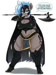 Size: 2986x4022 | Tagged: suggestive, anonymous artist, derpibooru import, oc, oc:caulifla, unofficial characters only, anthro, changeling, pony, anthro oc, armor, big breasts, breasts, changeling guard, changeling oc, changeling swarm, cloak, clothes, female, guard, halberd, helmet, horn, image, loincloth, looking at you, mare, png, serious, serious face, simple background, solo, solo female, spear, straps, tattoo, thick, thighs, thunder thighs, torn clothes, two toned mane, unamused, weapon, white background, wide hips