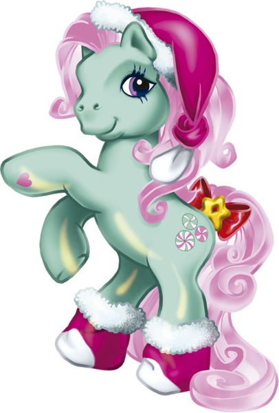 Size: 1327x1961 | Tagged: safe, derpibooru import, official, minty, earth pony, pony, g3, bow, christmas, clothes, cute, female, g3betes, hat, holiday, hoof heart, image, mare, png, rearing, santa hat, simple background, socks, solo, stars, tail, tail bow, transparent background, underhoof