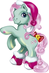 Size: 1327x1961 | Tagged: safe, derpibooru import, official, minty, earth pony, pony, g3, bow, christmas, clothes, cute, female, g3betes, hat, holiday, hoof heart, image, mare, png, rearing, santa hat, simple background, socks, solo, stars, tail, tail bow, transparent background, underhoof