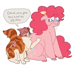 Size: 1544x1325 | Tagged: safe, artist:greenarsonist, derpibooru import, pinkie pie, cat, earth pony, pony, :c, brightheart, drawing meme, ear piercing, earring, facial scar, fat, female, frown, g4, hair accessory, i think we're gonna have to kill this guy, image, jewelry, meme, nonbinary, piercing, png, sad, scar, simple background, speech bubble, unshorn fetlocks, warrior cats, white background