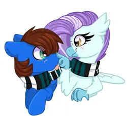 Size: 2122x1941 | Tagged: safe, artist:littleblackraencloud, derpibooru import, oc, oc:ocean breeze (savygriffs), oc:red card, classical hippogriff, hippogriff, pegasus, :p, blushing, boop, clothes, duo, duo male and female, female, hippogriff oc, image, male, png, scarf, snuggling, tongue out