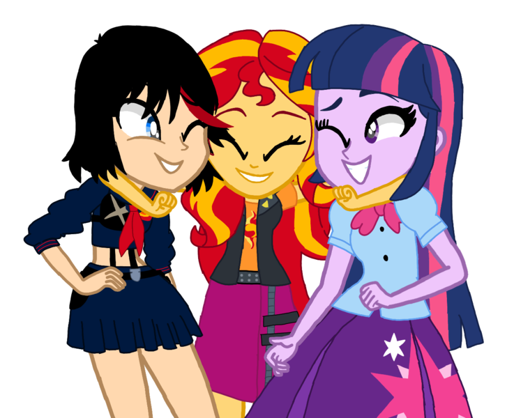 Size: 1326x1080 | Tagged: safe, artist:animatedone, derpibooru import, sunset shimmer, twilight sparkle, human, equestria girls, anime, birthday, clothes, erica mendez, female, g4, hug, image, kill la kill, png, rebecca shoichet, ryuko matoi, shirt, skirt, smiling, tara strong, trio, trio female, voice actor