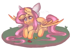 Size: 3000x2107 | Tagged: safe, artist:rozalies, derpibooru import, fluttershy, insect, ladybug, pegasus, pony, blushing, bow, cute, ear blush, female, hair bow, heart, heart eyes, high res, image, lying down, mare, partially open wings, png, prone, shyabetes, simple background, smiling, solo, transparent background, wingding eyes, wings