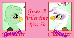 Size: 1273x660 | Tagged: safe, artist:gregory-the-griffon, derpibooru import, gilda, pinkie pie, oc, oc:gregory griffin, gryphon, female, holiday, image, kissing, male, png, shipping, solo, straight, valentine's day