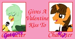 Size: 1273x660 | Tagged: safe, artist:gregory-the-griffon, derpibooru import, oc, oc:ej, oc:gregory griffin, alicorn, gryphon, pony, gay, holiday, image, kissing, male, png, valentine's day