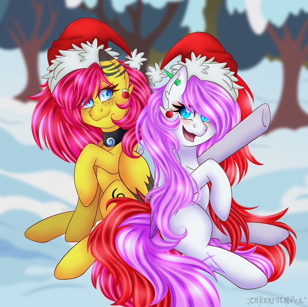 Size: 3095x3080 | Tagged: safe, artist:cheerful_nova, derpibooru import, oc, pegasus, pony, art trade, christmas, couple, duo, duo female, ear piercing, earring, female, hat, holiday, image, jewelry, merry christmas, necklace, piercing, png, smiling