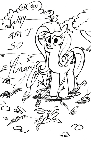 Size: 1661x2580 | Tagged: safe, artist:hoodrams, derpibooru import, fluttershy, pegasus, pony, black and white, doodle, female, grayscale, image, jpeg, looking at you, mare, monochrome, solo, text