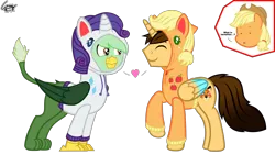 Size: 3840x2160 | Tagged: safe, artist:gregory-the-griffon, derpibooru import, applejack, rarity, oc, oc:ej, oc:gregory griffin, gryphon, pony, clothes, female, g4, gay, hoodie, image, male, png, shipping, simple background, solo, transparent background