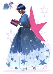 Size: 4800x6600 | Tagged: safe, artist:timasongart, derpibooru import, twilight sparkle, human, pony, unicorn, alternate hairstyle, book, clothes, dark skin, dress, ear piercing, earring, female, gala dress, high heels, humanized, image, jewelry, jpeg, mare, open mouth, piercing, shoes, simple background, solo, unicorn twilight, white background