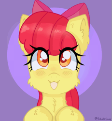 Size: 519x560 | Tagged: safe, artist:bubblegooey, derpibooru import, apple bloom, earth pony, pony, :3, :d, adorabloom, animated, apple family member, blushing, bow, cheek fluff, chest fluff, cute, daaaaaaaaaaaw, ear fluff, eye shimmer, female, filly, fluffy, foal, gif, hair bow, happy, hoof fluff, hooves, image, looking at you, looking up, looking up at you, mare, neck fluff, open mouth, open smile, purple background, signature, simple background, smiling, smiling at you, solo, sparkly eyes, wingding eyes
