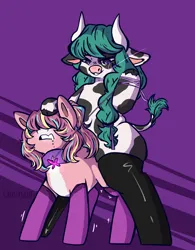 Size: 780x1000 | Tagged: suggestive, artist:ghostyglue, derpibooru import, oc, oc:bijou butterfly, oc:oatmeal cremepie, cow, cow pony, earth pony, blindfold, braid, braided pigtails, choking, chubby, clothes, collar, drool, earth pony oc, horns, image, latex, latex socks, leash, pigtails, png, purple eyes, simple background, socks