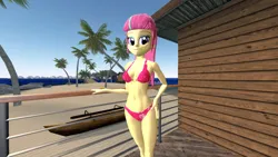 Size: 1920x1080 | Tagged: suggestive, artist:oatmeal!, derpibooru import, sour sweet, human, equestria girls, 3d, beach, belly button, bikini, boat, breasts, clothes, gmod, hand on hip, image, legs together, looking at you, ocean, palm tree, png, sexy, solo, standing, swimsuit, tree, tropical, water