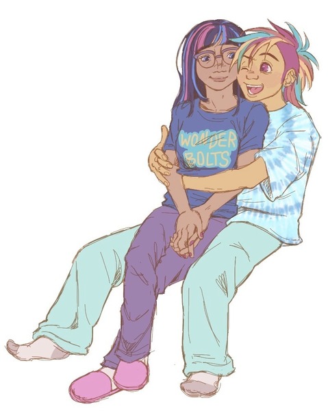 Size: 799x1000 | Tagged: safe, artist:universalheart, derpibooru import, rainbow dash, twilight sparkle, human, clothes, duo, duo female, female, glasses, hug, hug from behind, humanized, image, jpeg, lesbian, moderate dark skin, open mouth, open smile, pajamas, shipping, simple background, slippers, smiling, tan skin, twidash, white background