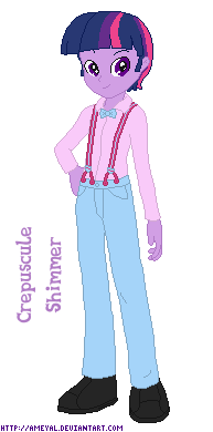 Size: 193x390 | Tagged: safe, artist:ameyal, derpibooru import, twilight sparkle, equestria girls, bowtie, clothes, crepuscule shimmer, dusk shine, equestria guys, image, pants, png, rule 63, shirt, shoes, wrong name, wrong outfit