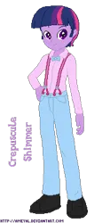 Size: 193x390 | Tagged: safe, artist:ameyal, derpibooru import, twilight sparkle, equestria girls, bowtie, clothes, crepuscule shimmer, dusk shine, equestria guys, image, pants, png, rule 63, shirt, shoes, wrong name, wrong outfit