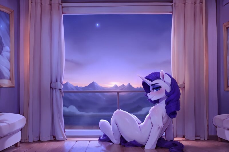 Size: 1200x800 | Tagged: questionable, ai content, derpibooru import, machine learning generated, prompter:raif, stable diffusion, rarity, pony, semi-anthro, unicorn, g4, blushing, curtains, female, horn, image, jpeg, living room, looking at you, mare, night, nudity, painting, shoulder fluff, sitting, solo, solo female, stars, sunrise