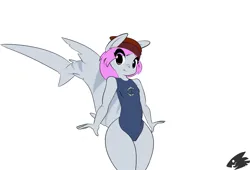 Size: 2287x1557 | Tagged: dead source, safe, artist:nekobleed, oc, oc:bleedshark, unofficial characters only, anthro, original species, shark, shark pony, beanie, clothes, explicit description, fangs, hat, image, looking at you, nudity, png, simple background, smiling at you, swimsuit, vulva, white background