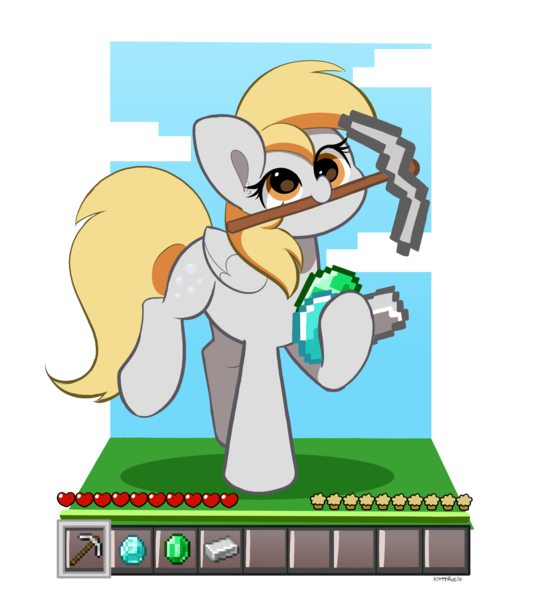 Size: 2008x2248 | Tagged: safe, artist:kittyrosie, derpibooru import, derpy hooves, pegasus, pony, diamond, emerald, female, image, iron, mare, minecraft, mouth hold, pickaxe, png, simple background, solo, transparent background