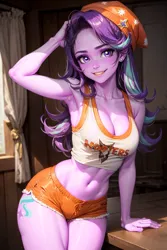 Size: 1024x1536 | Tagged: suggestive, ai content, derpibooru import, editor:masterdarhil, machine learning generated, starlight glimmer, human, equestria girls, beanie, belly button, big breasts, breasts, busty starlight glimmer, cleavage, clothes, costume, cutie mark on human, ear piercing, earring, female, g4, halloween, halloween costume, hat, holiday, image, jewelry, jpeg, midriff, photoshop, piercing, prompter:sammykun, recolor, sexy, shorts, smiling, solo, tanktop