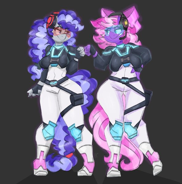 Size: 3500x3550 | Tagged: safe, artist:flutterthrash, derpibooru import, oc, oc:cinnabyte, oc:lillybit, unofficial characters only, anthro, earth pony, plantigrade anthro, black background, bow, breasts, busty oc, commission, duo, duo female, female, fist bump, hair bow, headset, image, jpeg, looking at each other, looking at someone, simple background, smiling, smiling at each other, smirk, thigh gap, underboob, visor, wide hips
